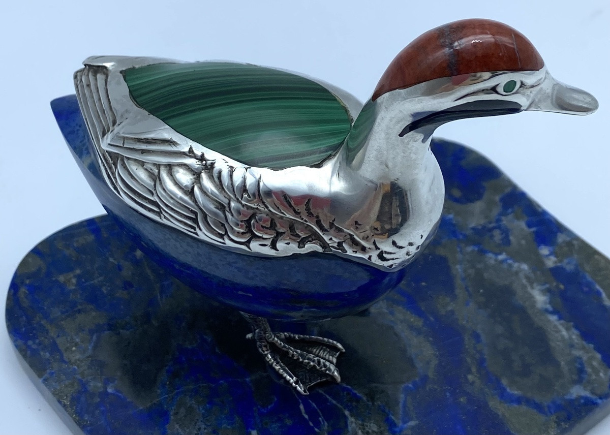 Rare Bird Sculpture In  Lapis Lazuli Stone And Silver-photo-2