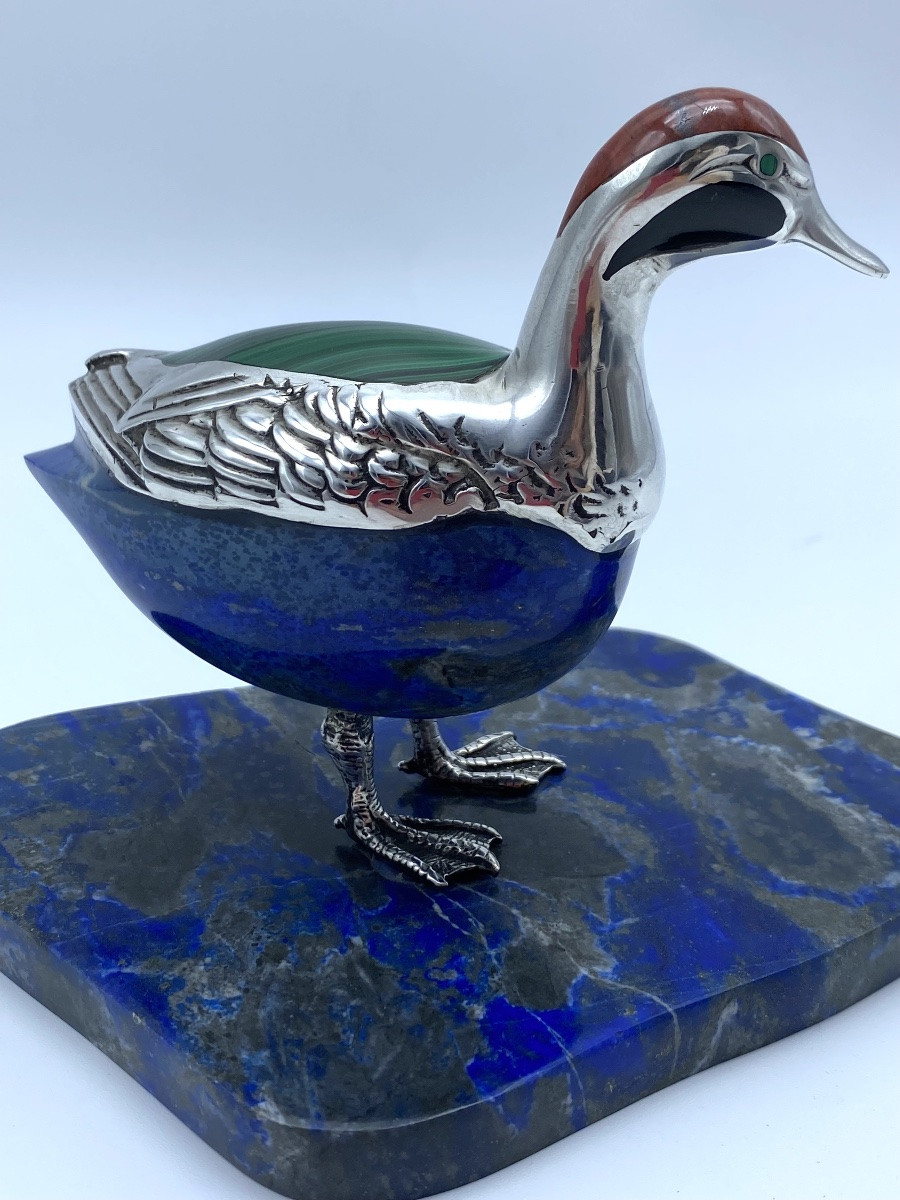 Rare Bird Sculpture In  Lapis Lazuli Stone And Silver-photo-3