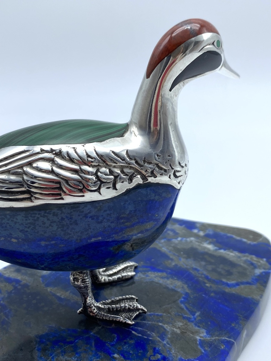 Rare Bird Sculpture In  Lapis Lazuli Stone And Silver-photo-7