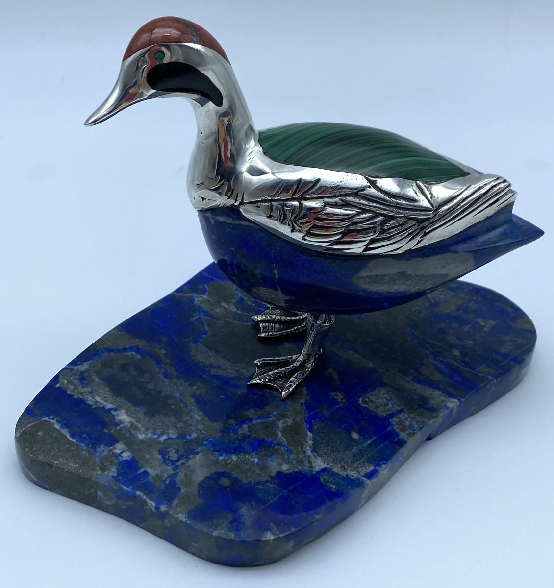 Rare Bird Sculpture In  Lapis Lazuli Stone And Silver