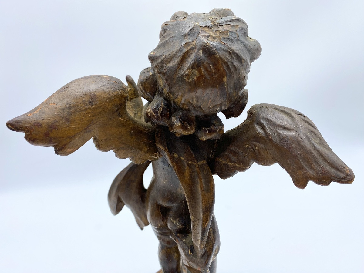 18th Century Antique Sculpture Of A Standing Angel In Carved Gilt Wood-photo-2