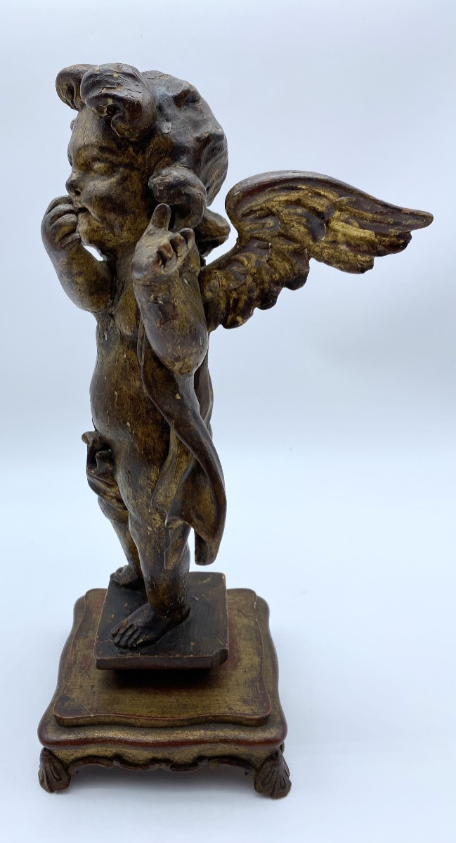 18th Century Antique Sculpture Of A Standing Angel In Carved Gilt Wood-photo-3