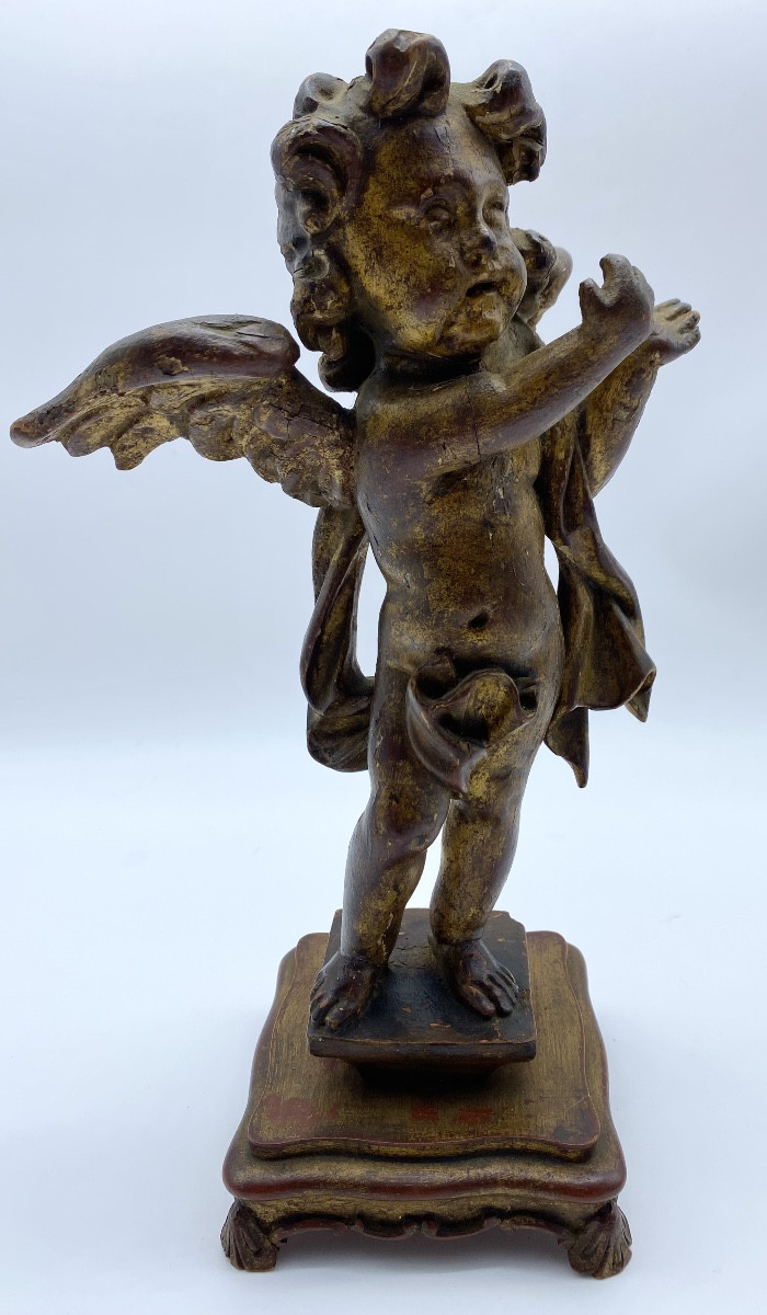18th Century Antique Sculpture Of A Standing Angel In Carved Gilt Wood