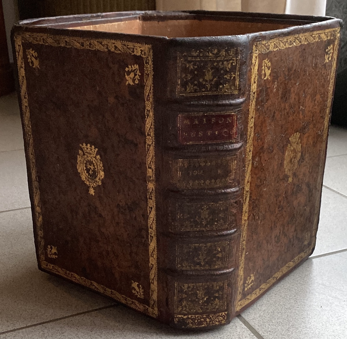 Antique Faux Book Leather Paper Waste Basket  -photo-1