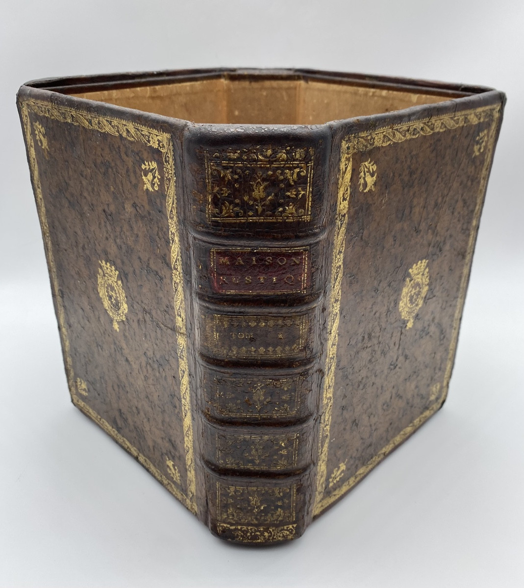 Antique Faux Book Leather Paper Waste Basket  
