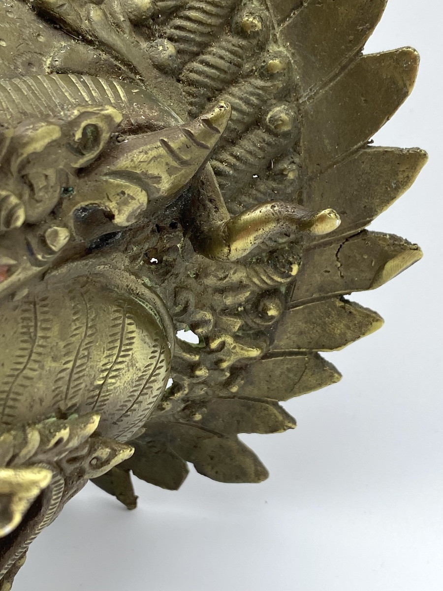 Ancien brûleur d'encens ou de parfum mural en bronze représentant un dragon Druk Tibétain-photo-7