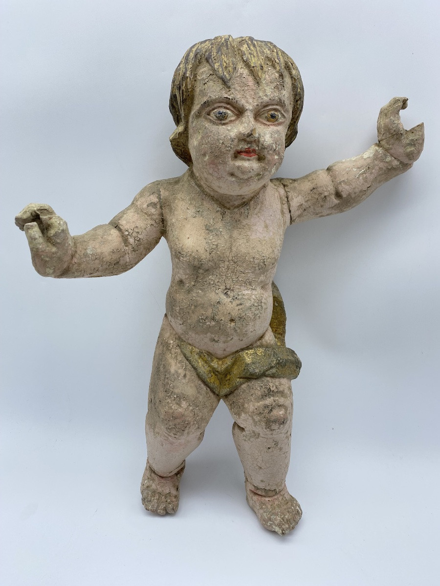 France, 18th Century, Pair Of Puttis Angels In Sculptted And Polychromed Wood-photo-2