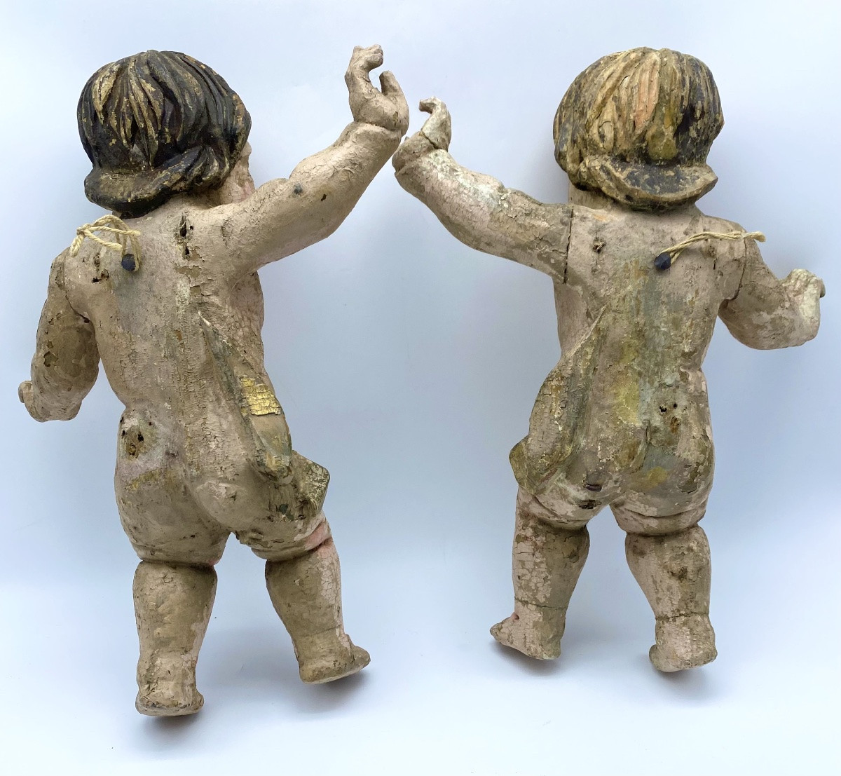 France, 18th Century, Pair Of Puttis Angels In Sculptted And Polychromed Wood-photo-3