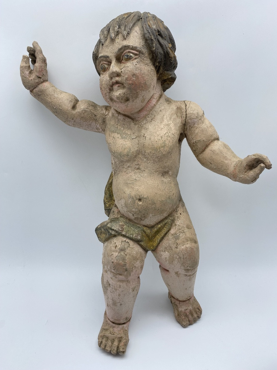 France, 18th Century, Pair Of Puttis Angels In Sculptted And Polychromed Wood-photo-4