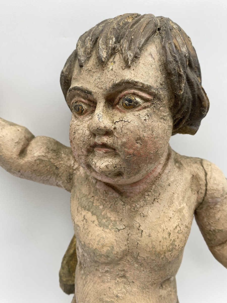 France, 18th Century, Pair Of Puttis Angels In Sculptted And Polychromed Wood-photo-2