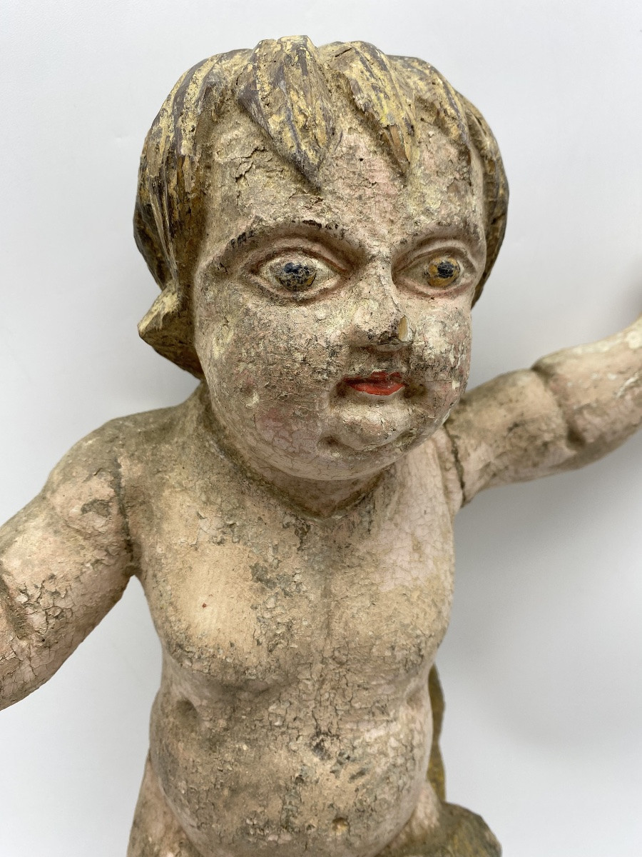 France, 18th Century, Pair Of Puttis Angels In Sculptted And Polychromed Wood-photo-5