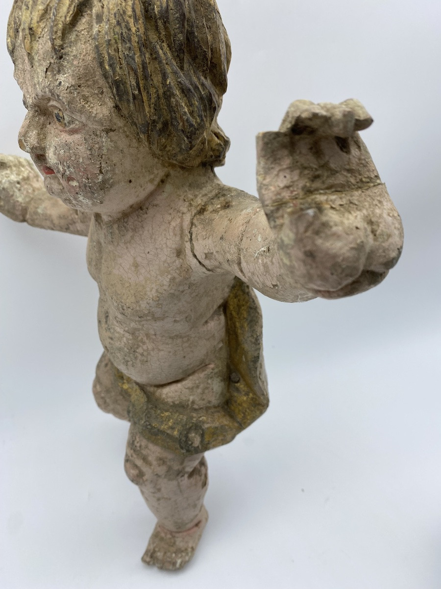 France, 18th Century, Pair Of Puttis Angels In Sculptted And Polychromed Wood-photo-7