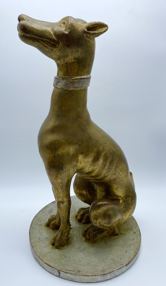 Italian Statue In Gilded Wood Of A Greyhound Whippet-photo-2