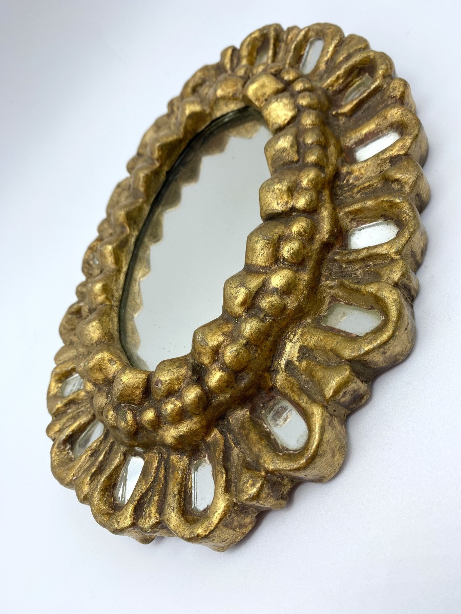 Ancien miroir soleil français sculpté  bois doré petit modèle avec inclusions -photo-4