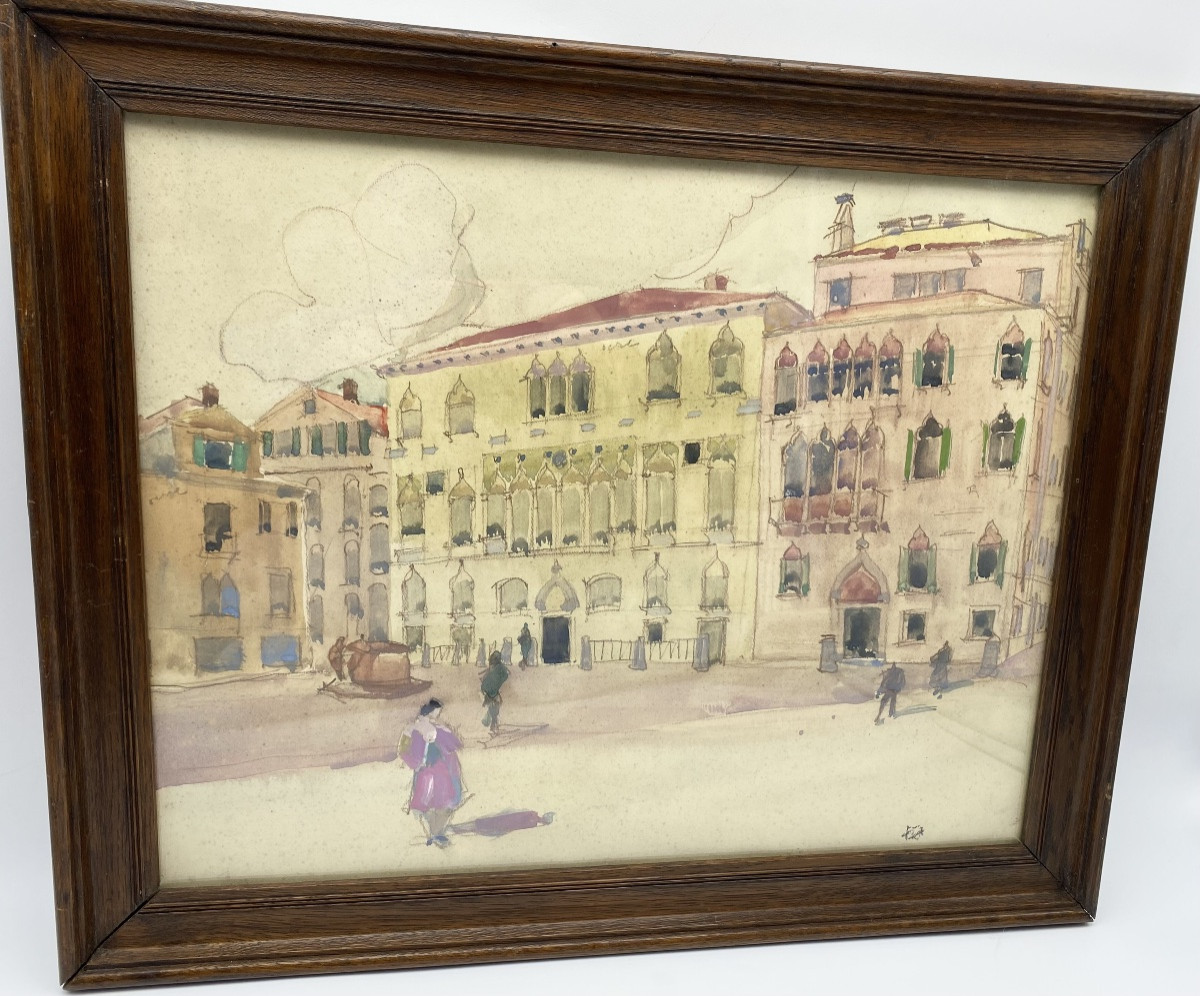 Art Deco Victor Creten Gouache Watercolor View Of Venice-photo-2