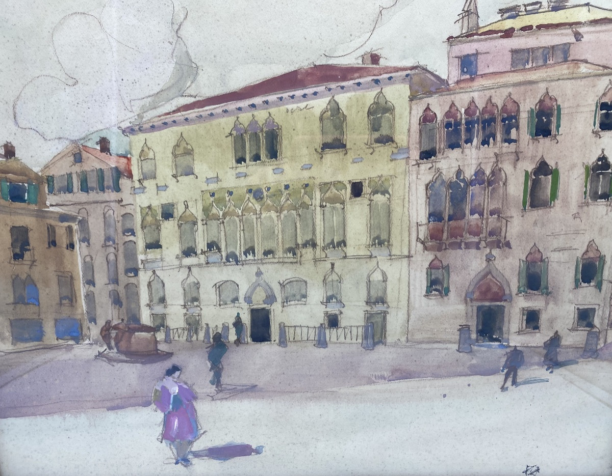 Art Deco Victor Creten Gouache Watercolor View Of Venice-photo-4