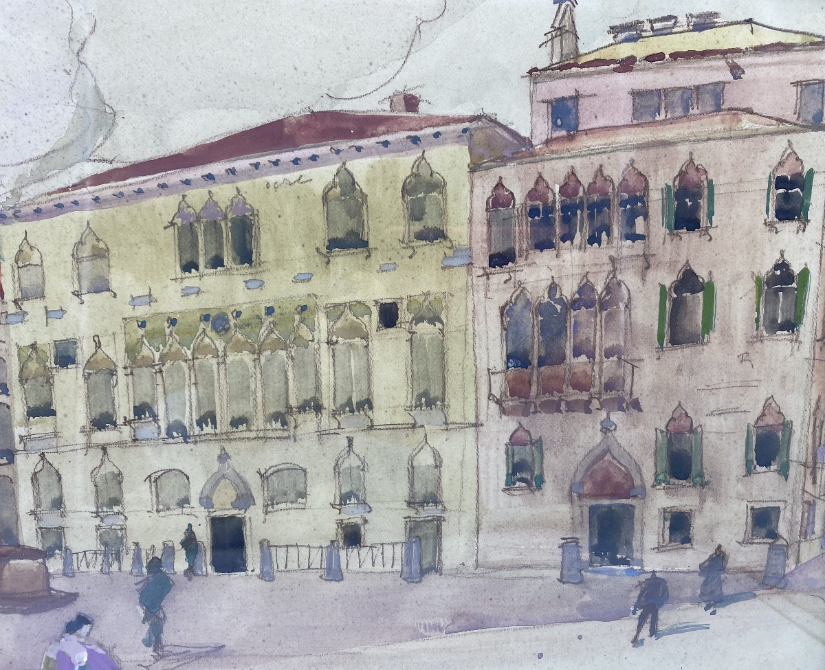 Art Deco Victor Creten Gouache Watercolor View Of Venice-photo-3