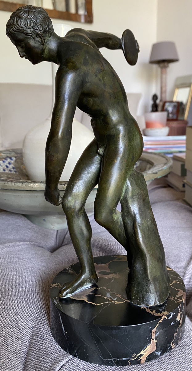 XIX GRAND TOUR, STATUE  DISCOBOLE,   LANCEUR DE DISQUE D'APRÈS MYRON L'ANTIQ-photo-3
