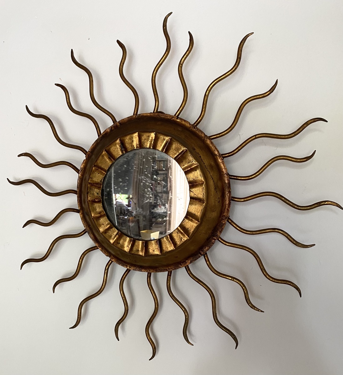 Spain, Mid-century Modern Sunburst Mirror, Wall Sconce, Gold-plated Metal -photo-2