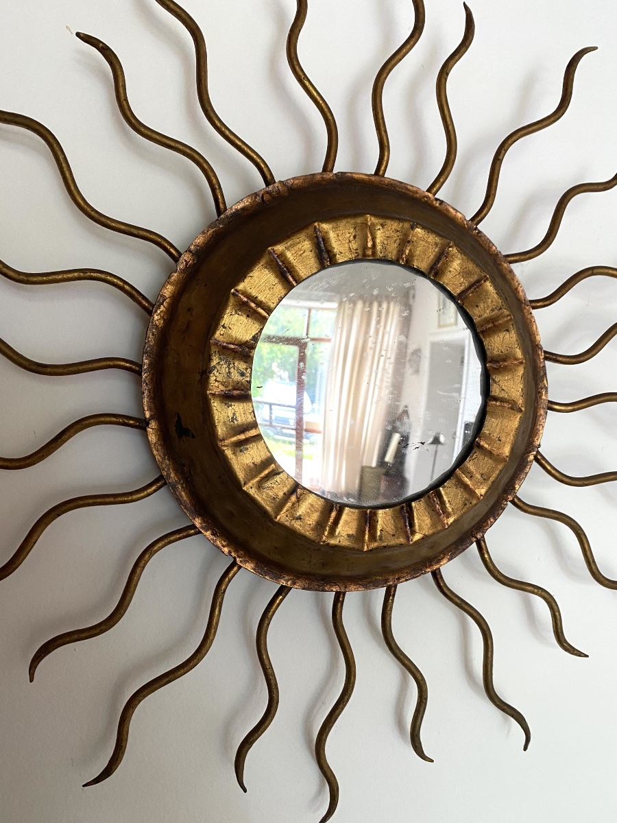 Spain, Mid-century Modern Sunburst Mirror, Wall Sconce, Gold-plated Metal -photo-4