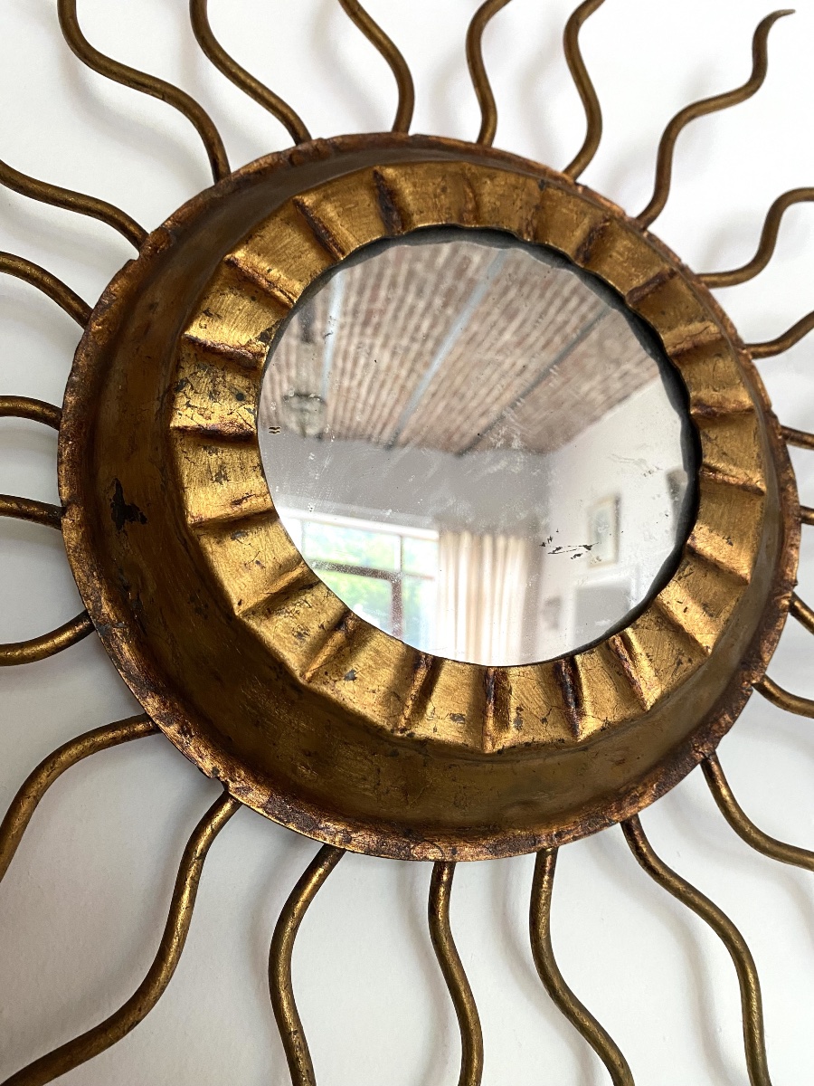 Spain, Mid-century Modern Sunburst Mirror, Wall Sconce, Gold-plated Metal -photo-1