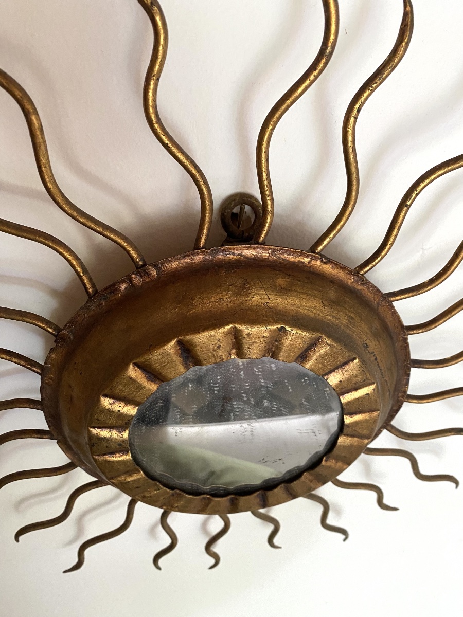 Spain, Mid-century Modern Sunburst Mirror, Wall Sconce, Gold-plated Metal -photo-2