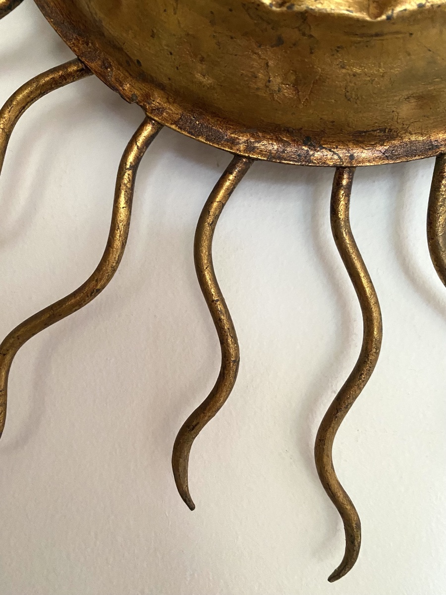 Spain, Mid-century Modern Sunburst Mirror, Wall Sconce, Gold-plated Metal -photo-4