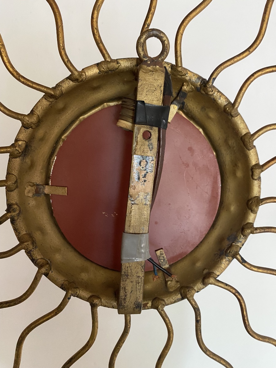 Spain, Mid-century Modern Sunburst Mirror, Wall Sconce, Gold-plated Metal -photo-7