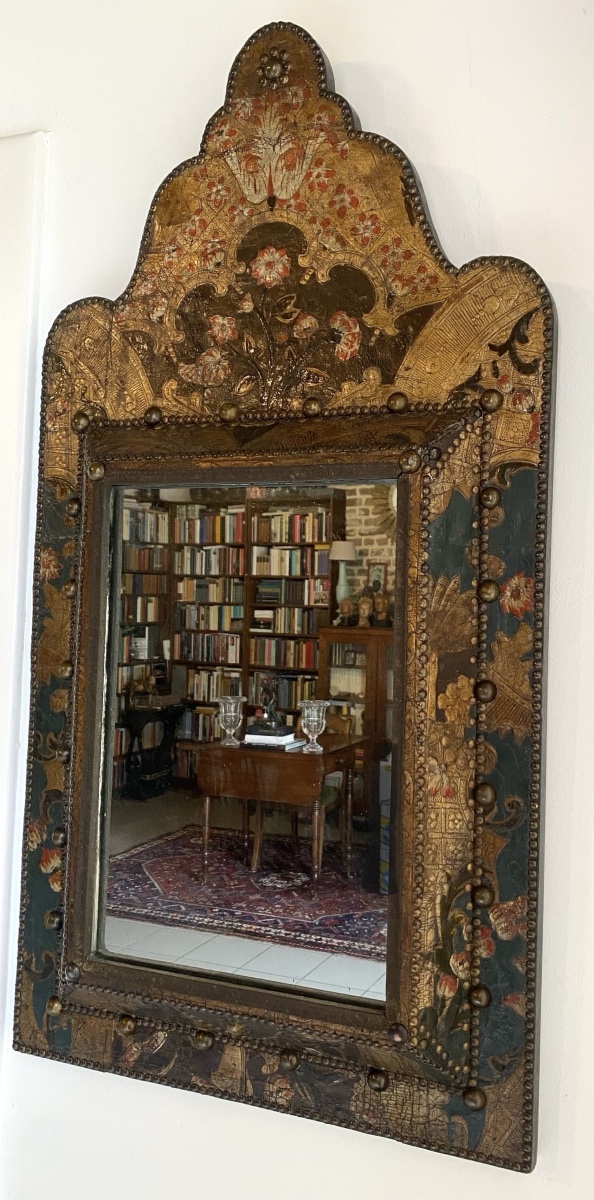 Rare Antique Cordoba Goldleather Upholstered Mirror -photo-2