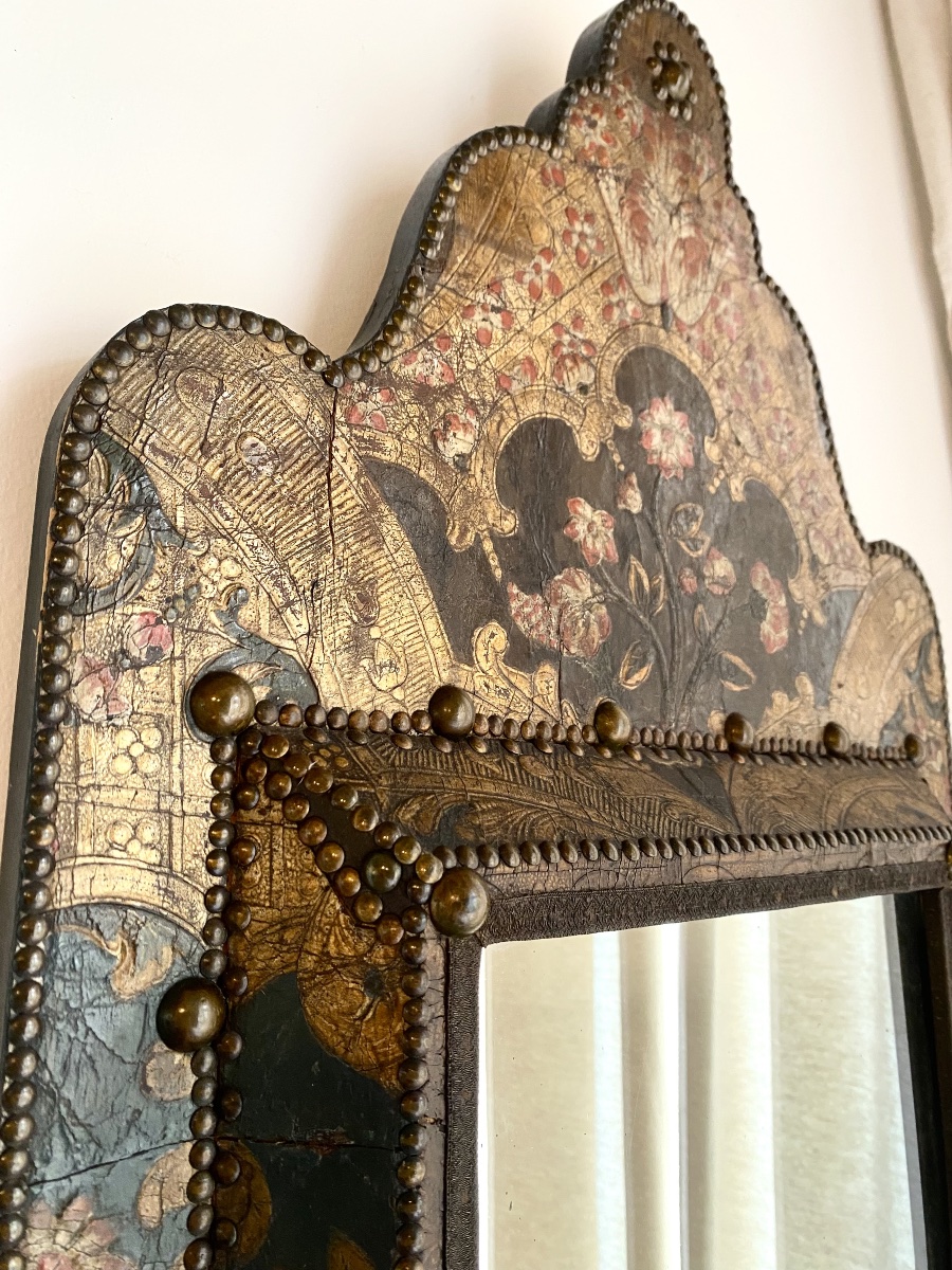 Rare Antique Cordoba Goldleather Upholstered Mirror -photo-4