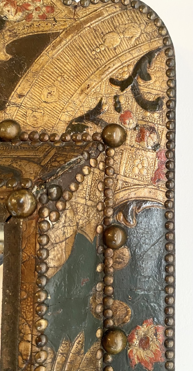 Rare Antique Cordoba Goldleather Upholstered Mirror -photo-1