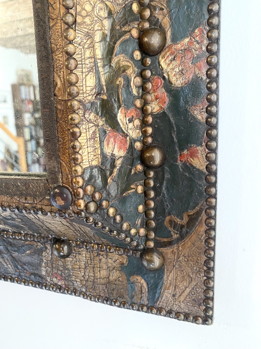 Rare Antique Cordoba Goldleather Upholstered Mirror -photo-4