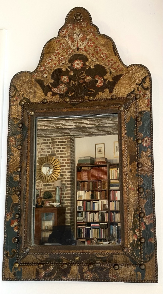 Rare Antique Cordoba Goldleather Upholstered Mirror 