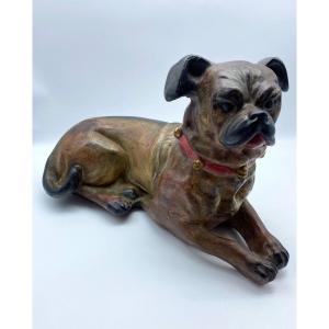 Early 20th Century Austria Large Lying Dog Statue In Polychrome Terracotta 