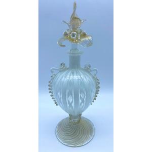 Latticino Perfume Bottle In Gold Speckled Venetian Murano Glass And White Background