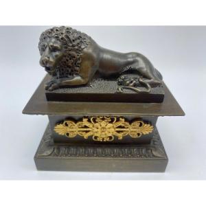 XIX Antique French Empire Inkwell In Gilt Bronze With Lion 