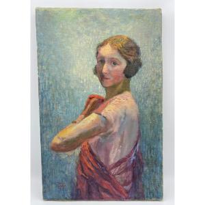 1924 Peinture Portrait De Jeune Femme Huile Sur Toile Monogrammé