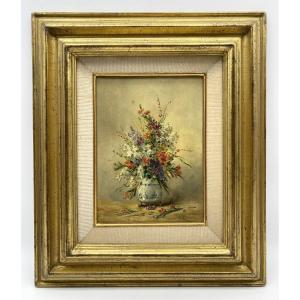 France XIX Eugène Petit (1839-1886) Peinture Huile Sur Panneau Vase De Fleurs Sauvagese