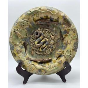 XIX Assiette Ancienne En Faïence Vernissée Au Plomb De Manière Bernard Palissy 28 cm 