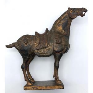 Old Chinese Style Tang Horse Statue In Polychrome Carved Wood Early 20th Century