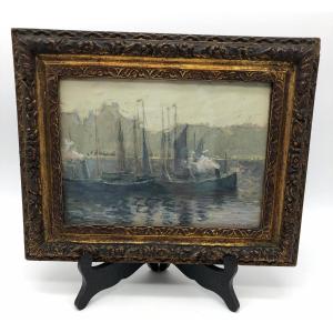 XIX Albert-eugène Lechat (1863-1918) Watercolor Boats In The Harbor Signed