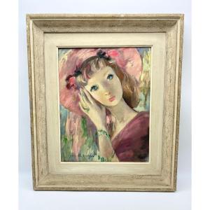 France 1950 Jeannette Déséglise Oil On Canvas Portrait Painting Young Woman 