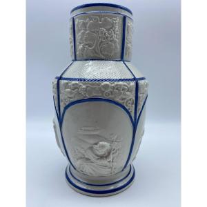 XIX France Vase Ancien Ceramique Fine Choisy Le-roi Blanc Et Bleu