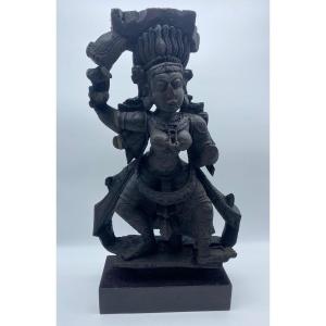 XIX Nepal Antique Statue Of Kali In Carved Wood Temple Element 