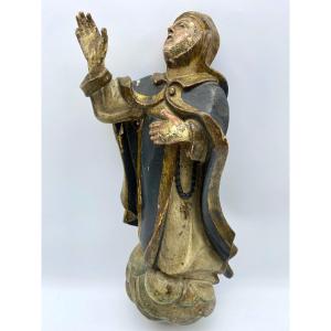 XVIII Century Germany Polychrome Wooden Statue Of The Venerable Mary Of Agreda 36.5 Cm 