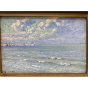 Eugène Colignon (belgique 1876-1961) Peinture à l'Huile Sur Panneau Représentant Un Bord De Mer