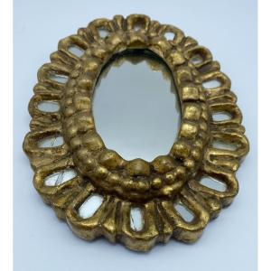 Antique French Sunburst Mirror Carved In Gilded Wood, Small Model With Inclusions
