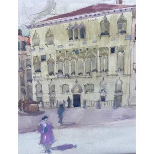 ART DÉCO VICTOR CRETEN GOUACHE AQUARELLE VUE DE VENISE