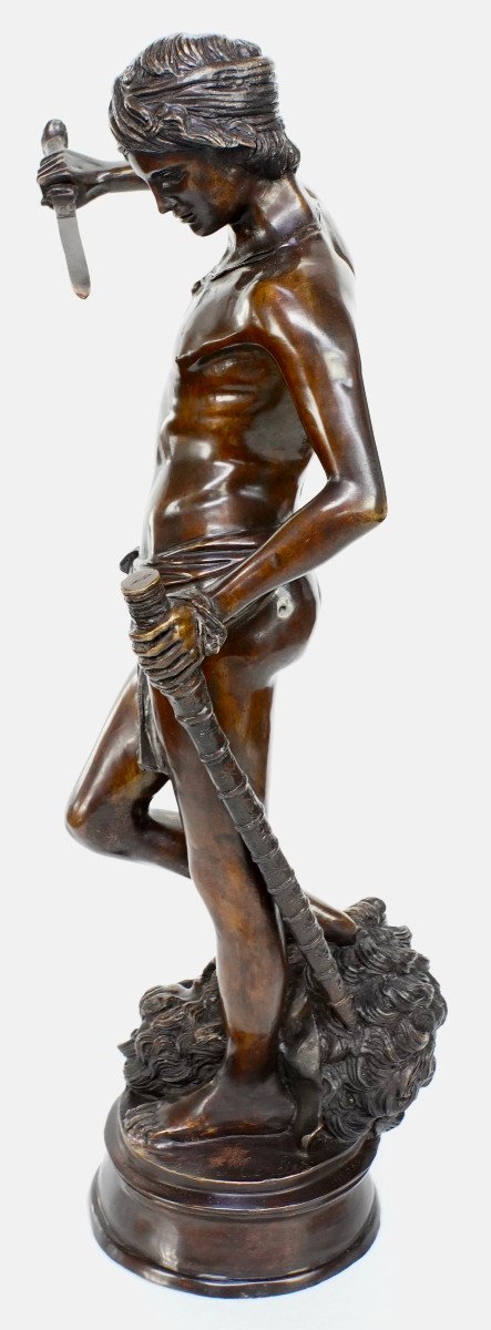 "david Slaying Goliath" Bronze By Antonin Mercier (1845-1916)-photo-3