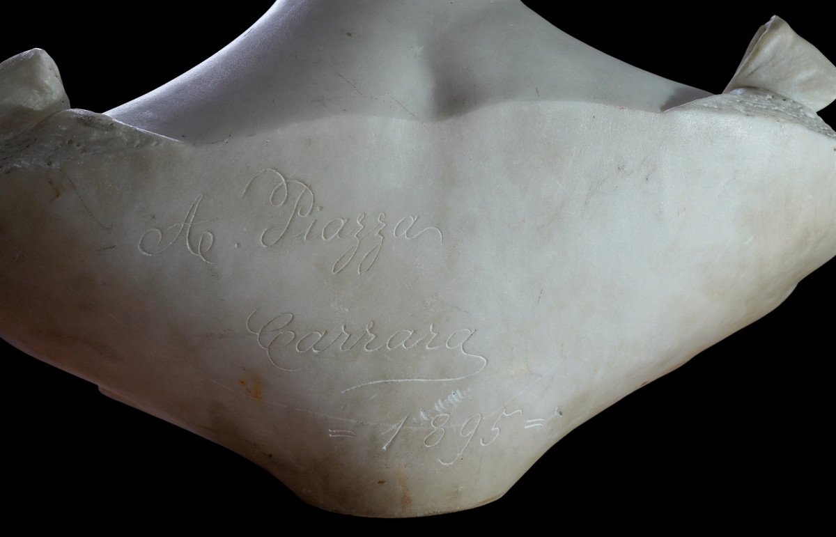 Female Bust In Carrara Marble Signed A. Piazza-photo-4